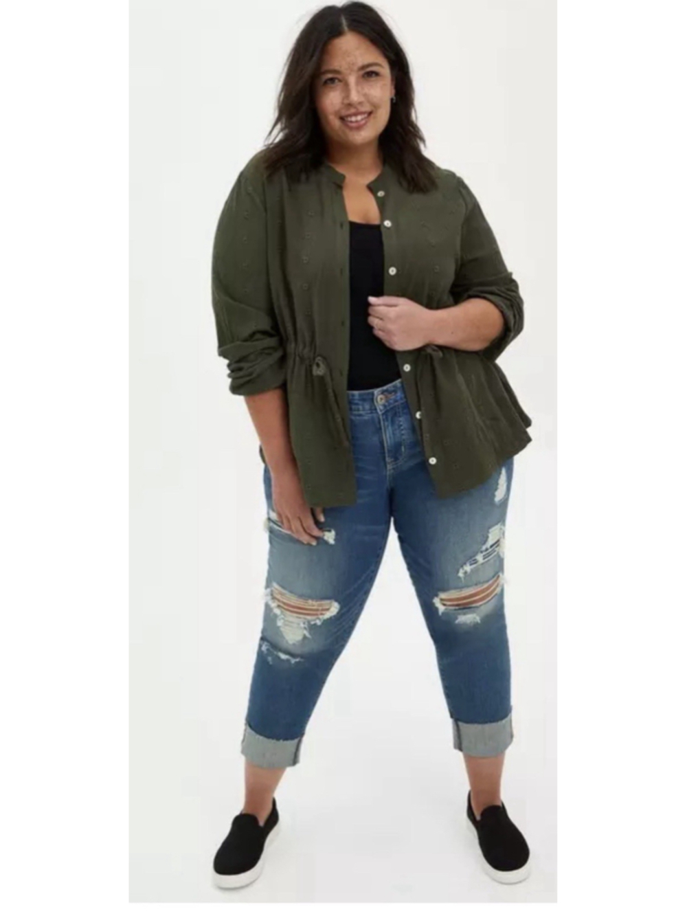 Fun Torrid Women's Olive Green Mother Of Pearl Button Up Blouse Tunic Top Size 2
